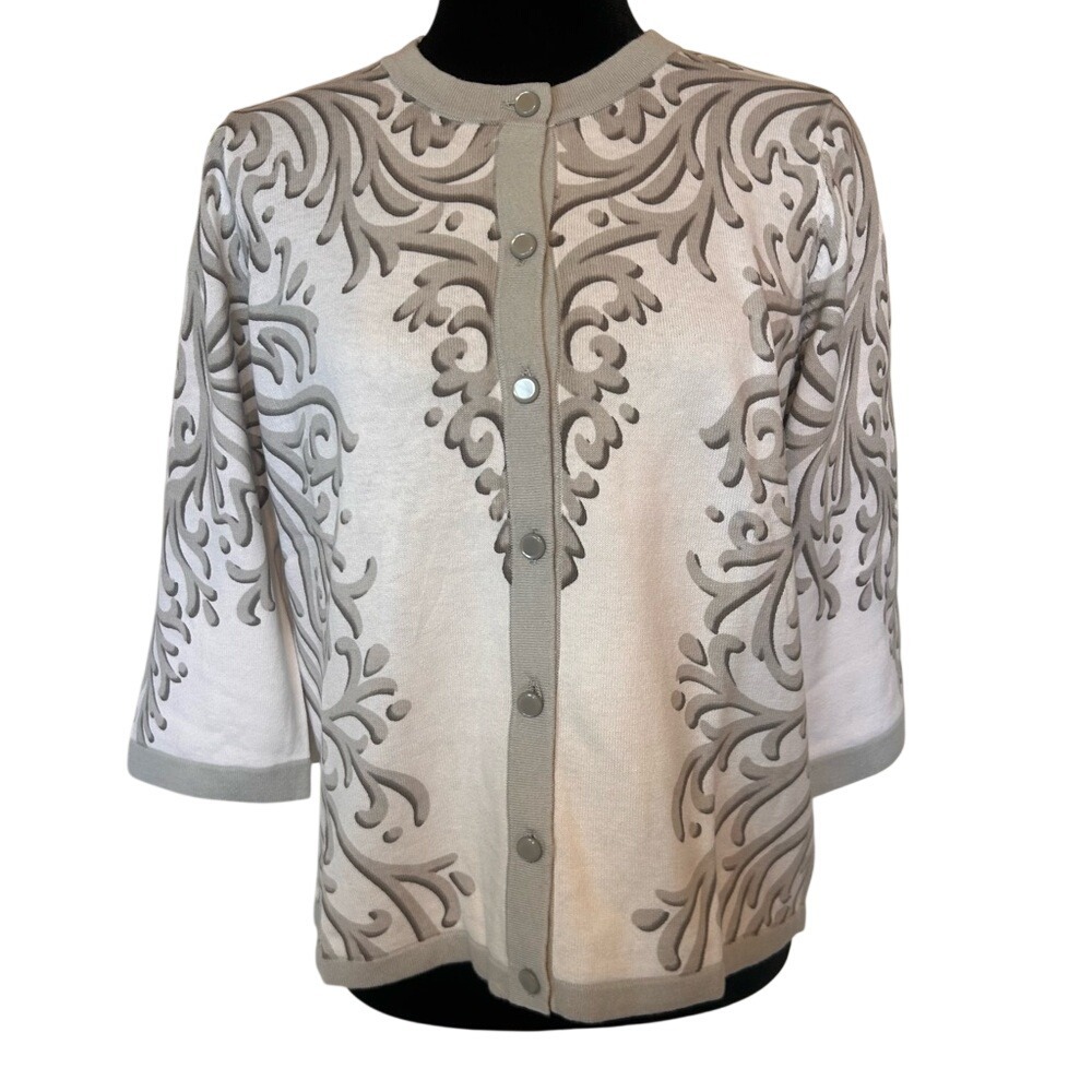 NWT Bob Mackie Gray and White Patterned Printed Cardigan Sweater‎ Size Small
